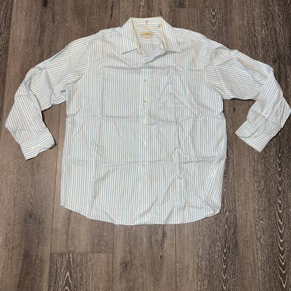 TOMMY BAHAMA Striped Button Up Down Shirt Long Sleeve L/S Men's 17 34-35 EUC